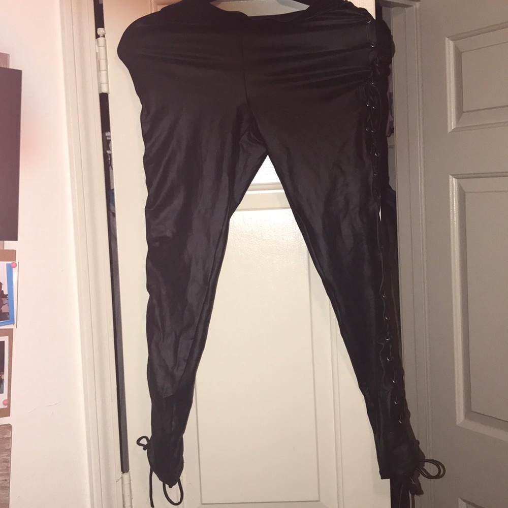 Black Pleather Lace Up Leggings. Worn Once. Size M